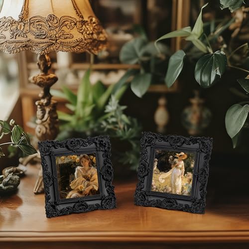 Image of eletecpro 4x4 Vintage Picture Frame with Real Glass Cover, Ornate Antique Photo Frame, Display 4x4 Picture for Tabletop or Wall, Black Home Decor for Gallery Art