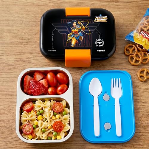 Image of Nayasa Marco Wonder Women Print 2 Compartment Stainless Steel Insulated Lunch Box for Kids | Vacuum Sealed Leak Proof Tiffin Box | 650 ml | Orange & Black
