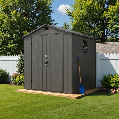 Image of Greesum 6x6FT Plastic Outdoor Storage Shed with Floor, Dark Gray | Resin Sheds with Lockable Double Doors, All-Weather Tool Sheds with Window & Multiple Vents for Garden, Yard, Patio
