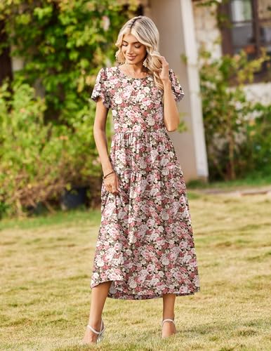 Image of Zeagoo Summer Dresses for Women 2026 Maxi Bohemian Floral Short Sleeve Long Dress Casual Flowy Tired Beach Sundress