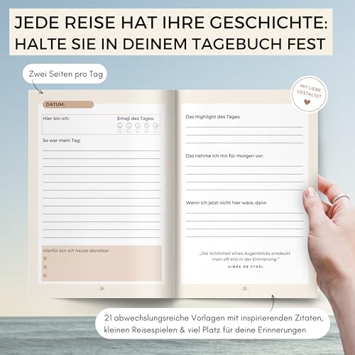 memoriecation® Reisetagebuch zum Ausfüllen - Unser Travel Journal ist dein inspirierendes Tagebuch für Urlaub, Weltreise oder Städtetrip - Perfektes Reise Geschenk für Weltenbummler - A5