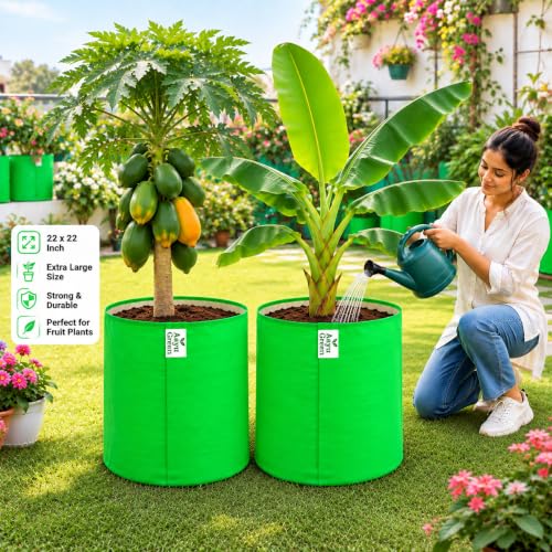 Image of Grow Bag UV Protected 260 GSM | HDPE Grow Bags for Plants | Heavy Duty Green Garden Plant Grow Bag with Drainage Holes | Reusable Vegetable Grow Bag for Terrace Gardening (2, 22X22)