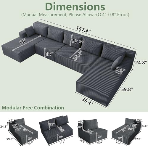 Image of 160 inch Modular Sectional Sleeper Sofa, Boneless Cloud Couch for Living Room, U Shaped 3 Seat Sofa with Deep Seat, Free Combination, Couch in a Box, No Assembly Required (Dark Grey)
