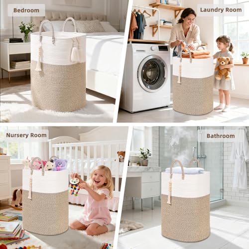65L Woven Laundry Basket for Clothes, Large Rectangle Laundry Hampers with Beads Tassel, Nursery Storage Basket for Toys, Tall Dirty Clothes Hamper for Bedroom Aesthetic, Laundry Room Organization by WENMER - Image 6