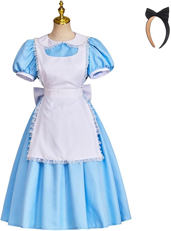VintageCos Alice Costume Blue Maid Apron Fancy Dress Princess Lolita Uniform with Hairband for Halloween