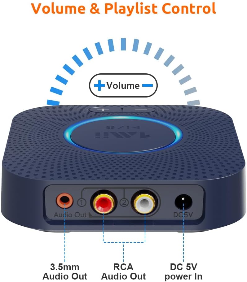 Zadní view of the 1Mii Bluetooth Audio Receiver showing 3.5mm audio out, RCA audio out, and DC 5V power in ports.