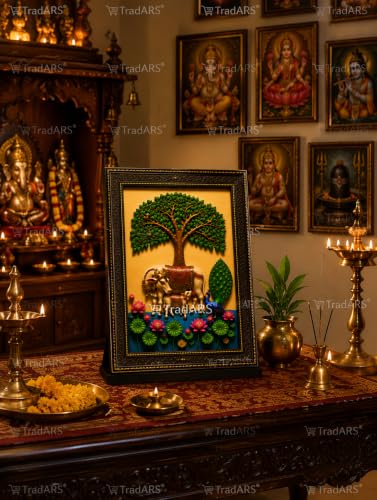 Image of Kamadhenu Cow & Calf Wall Photo Frame with Tree of Life, Peacock & Lotus | 8 x 12 Inch(20.32 x 30.48 cm) Religious Wall Decor for Living Room, Pooja Room & Bedroom | Vastu Home Decoration | Housewarming Gift