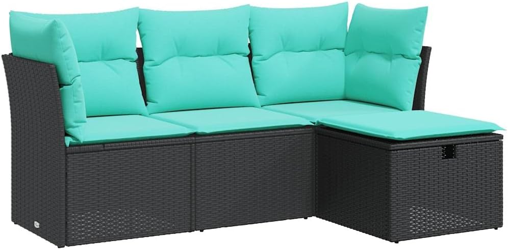 vidaXL Patio Sofa Set with Cushions - Black Poly Rattan Outdoor Furniture - Modular Garden Seating for Terrace/Backyard
