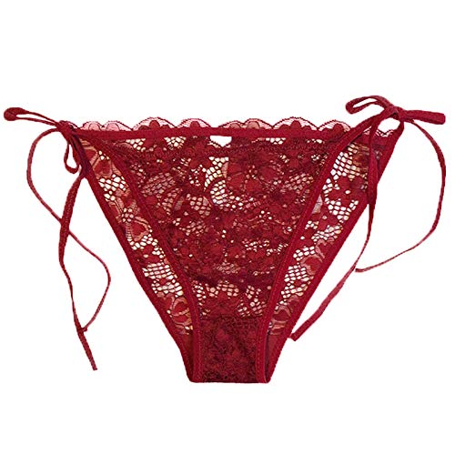 Image of HTRUIYATY Women's Lace Briefs Ladies Adjustable Side Tie Bikini Panties Sexy Charming Knickers Underwear (Red Wine)