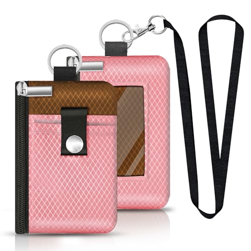 Image of Minimalist RFID Blocking Small Wallet with ID Window,WaterResistant Zip Id Case Wallet with Lanyard Keychain for Cards,Cash,Travel,Women,Men (Pink /Brown)