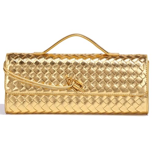 NEWBELLA Women's Handmade Woven Clutch Purse - PU Leather Crossbody Bag for Evening & Casual, Adjustable Shoulder Strap Fashion Handbag (Gold)
