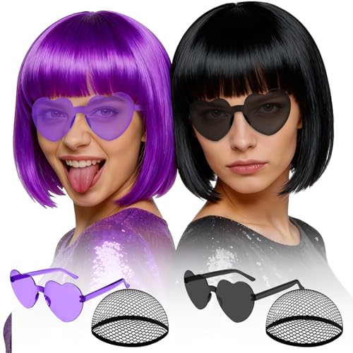 Image of MEEZY 2 Pcs Colorful Bob Wigs with Bangs Black Purple for Women, Neon Fun Wig Short Bob Hair with Heart Sunglasses Hair Cap for Halloween Costume Cosplay Photography Birthday Bachelorette Party