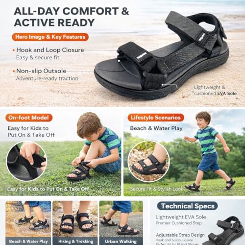 Image of Kid Sandals Boy Summer Sports Hiking Sandals Adjustable Straps Toddler Little Big Kid
