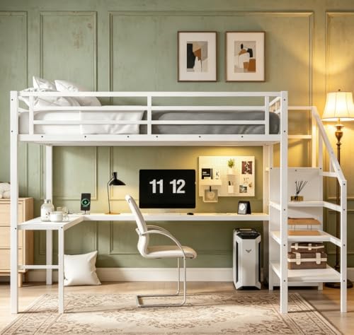 Image of Bellemave Queen Size Loft Bed with Desk and Wardrobe Storage Stairs and Wardrobe, LED USB, Loft Bed Full Size for Teens Metal, White