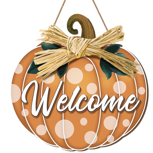 Shellwei Thanksgiving Fall Door Decoration Pumpkin Welcome Sign Thanksgiving Door Hanger Wooden Pumpkin Decor Hanging Porch Sign for Autumn Harvest Fall Farmhouse Wall Decoration