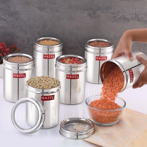 Image of HAZEL Stainless Steel Kitchen Container with Transparent Lid | Top See Through Kitchen Container Set with Matt Finish | Multipurpose Container for Kitchen Storage, 1500 ML, Set of 6