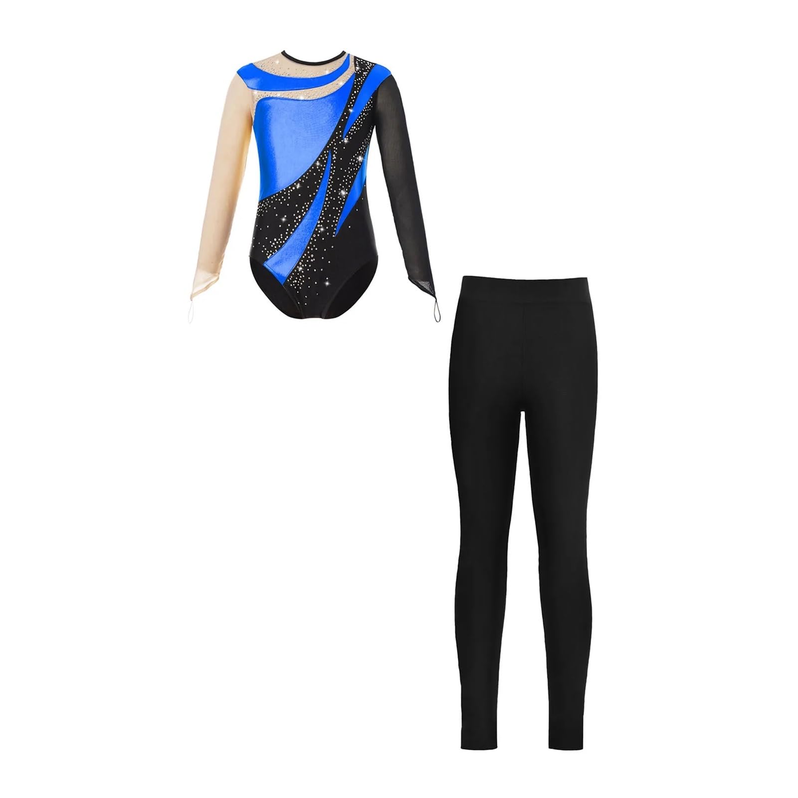 Maillot Gimnasia Ritmica Niña Mono de Gimnasia de Manga Larga con Polainas, Conjuntos de Ropa de Baile de Leotardos de Ballet, Mono de Patinaje con Diamantes de imitación for niñas(Blue,12)