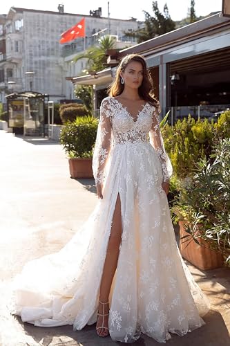 Deep V Neck Wedding Dresses for Women Long with Puffy Sleeves Lace Wedding Gowns DR0001-144