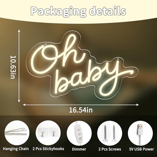 Image of Oh Baby LED Neon Sign for Backdrop, Baby Shower Nursery Decor Dimmable USB | Backdrop & gender reveal sign. Warm white glow for party photos, dimmable for baby showers, birthday parties & nursery decor