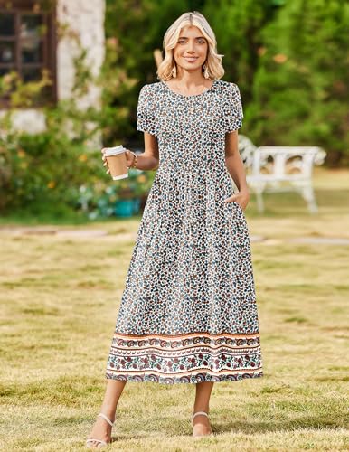 Image of Zeagoo Summer Dresses for Women 2026 Maxi Bohemian Floral Short Sleeve Long Dress Casual Flowy Tired Beach Sundress