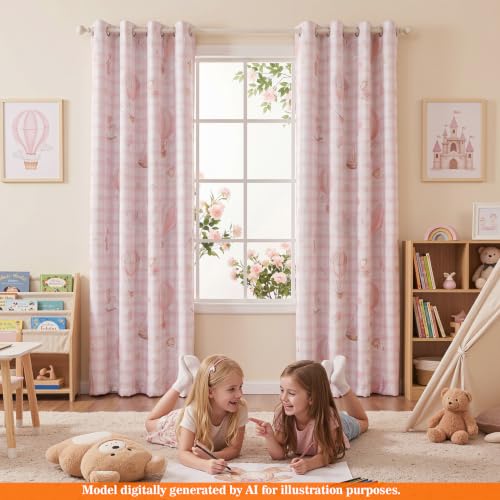 Image of MYSKY HOME Girls Pink Nursery Blackout Curtains Plaid Curtains 84 Inch Length 2 Panels Set Cute Patterns Grommet Window Treatments Thermal Insulated for Kids Girls Bedroom Living Room, Each Panel 52 inchW