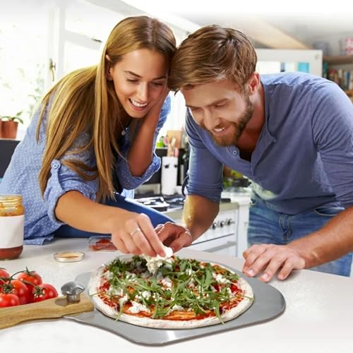 ZeroPone Aluminum Pizza Peel Set, 12 x 14 Inch Metal Pizza Paddle with Foldable Wooden Handle, Pizza Spatula, Pizza Rocker Cutter, Pizza Oven Accessories for Baking Homemade Pizza Bread