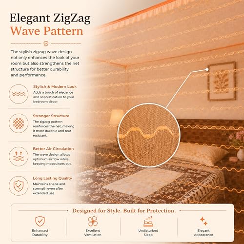 Image of Mosquito Net for King Size Bed & Double Bed (6x7 ft, Wall /Hook Hanging) Poly-Cotton Blend Fabric with Zigzag Wave Line Pattern, Pre-Fitted Bottom & Cotton Ribbon (Golden Orange)