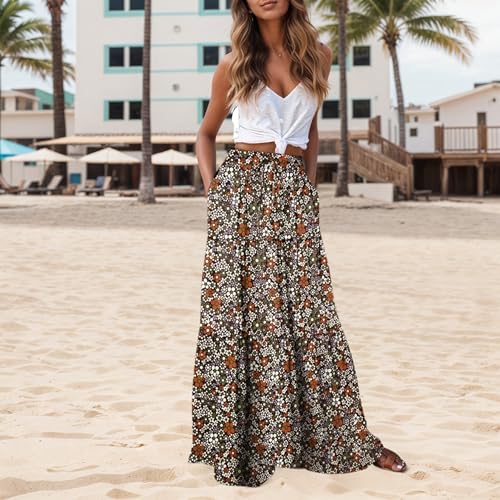 Womens Boho Floral Print Ruffle Flowy Maxi Skirt Drawstring Elastic Waist Tiered Beach Long Skirts with Pockets2