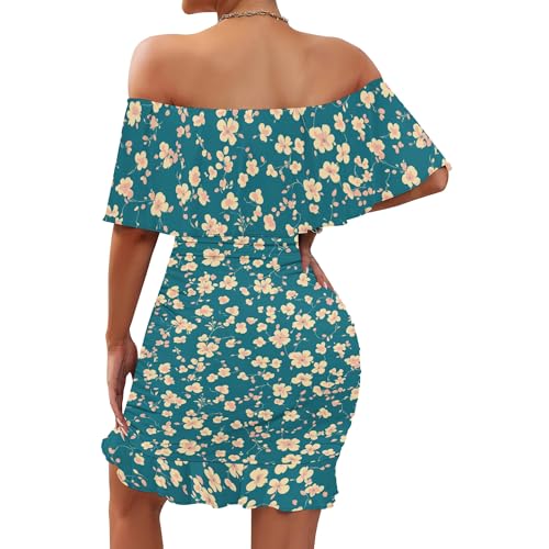 Image of PinkPatty Summer Mini Dress for Women Off Shoulder Ruffled Bodycon Dresses Short Beach Sundress