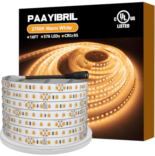 Image of Warm White LED Strip Lights 2700K, 450LM /ft Ultra Bright, CRI 95+, UL Listed, Premium High Density 2835, 16ft, 576 LEDs, 24V DC LED Tape Lights for Room, Kitchen, Cabinet (No Power Supply)
