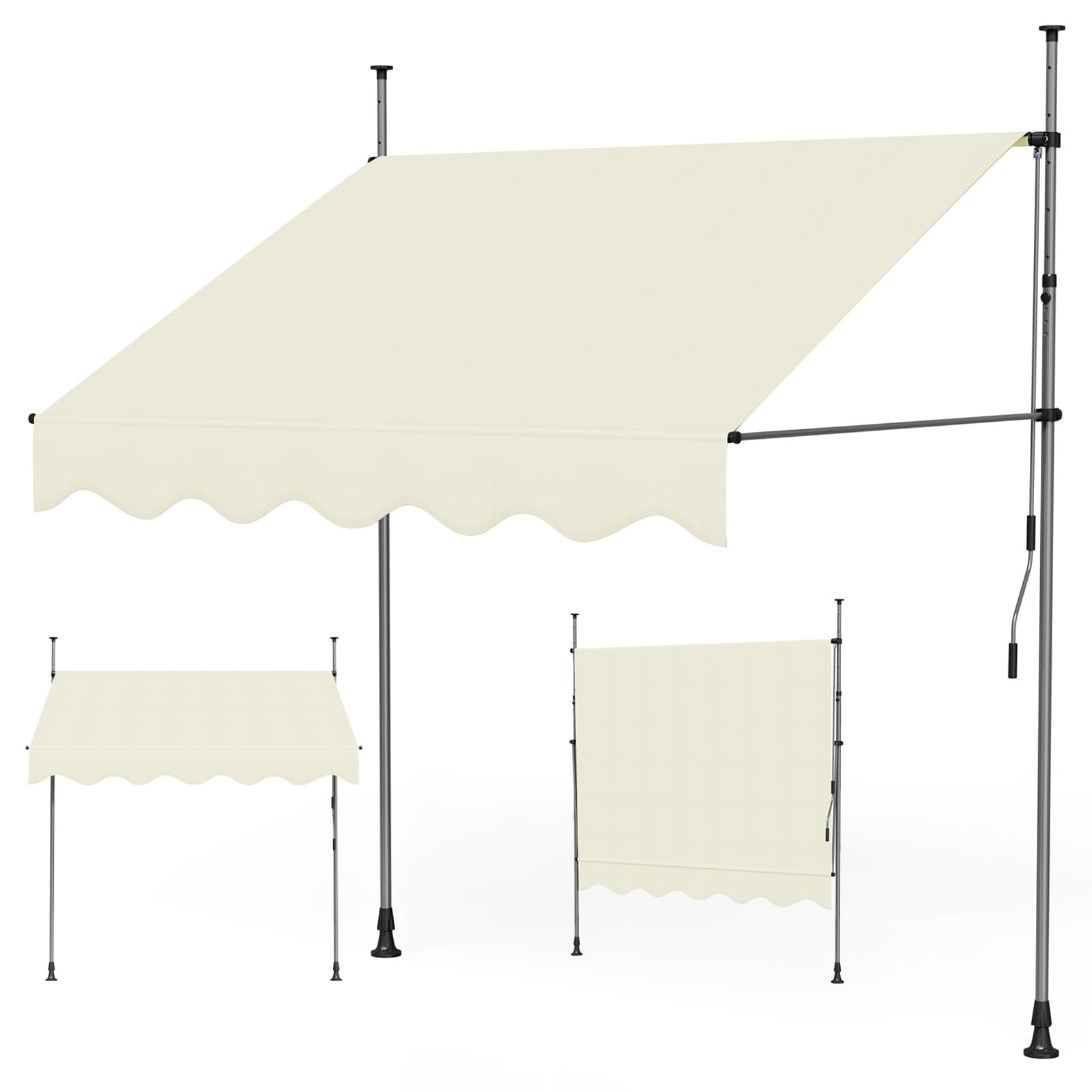 Chowany ręczny ning bez wiercenia, wodoodporna tkanina poliestrowa UV 180 g/m², regulowana wysokość i kąt, stal, 3 rozmiary i kolory (Bei, 250 x 120 cm)