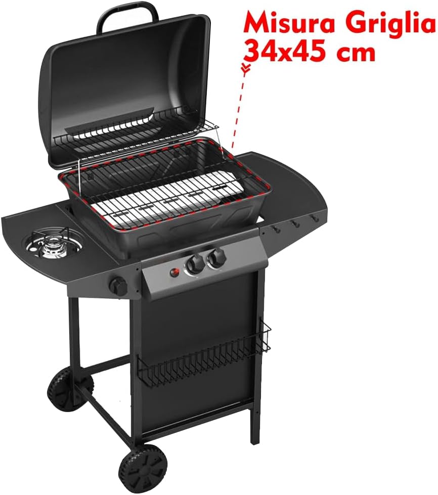 Barbecue a Gas con Pietra Lavica BBQ a Gas 2 Bruciatori + Fornello Laterale Struttura in Acciaio con Piano Laterale D’appoggio e 3 Appendini Pratiko Life Barbecue a Gas con Pietra Lavica BBQ a Gas 2 Bruciatori + Fornello Laterale Struttura in Acciaio con Piano Laterale D’appoggio e 3 Appendini Pratiko Life