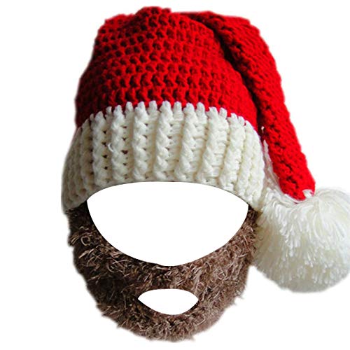 Kafeimali Unisex Christmas Winter Knitted Crochet Beanie Santa Hat with Beard Foldaway Bearded Caps