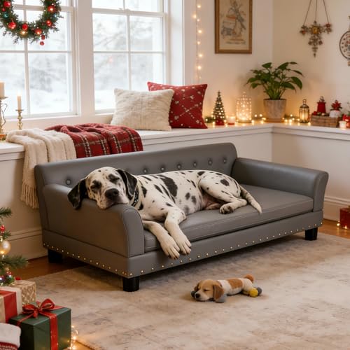 BingoPaw Large Leather Dog Sofa: Jumbo Pet Couch Made by Scratching Resistant Microfiber Leather - Indoor Elevated Dogs Chaise Bed for Doggy up to 120lbs