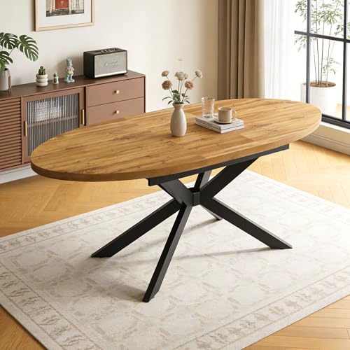 63"-78.7" Extendable Round Dining Table for 4-6 People, Mid Century Modern Oval Kitchen & Dining Room Table with Metal Frame, Large Folding Dining Table for Dining Living Room Space Saving, Walnut