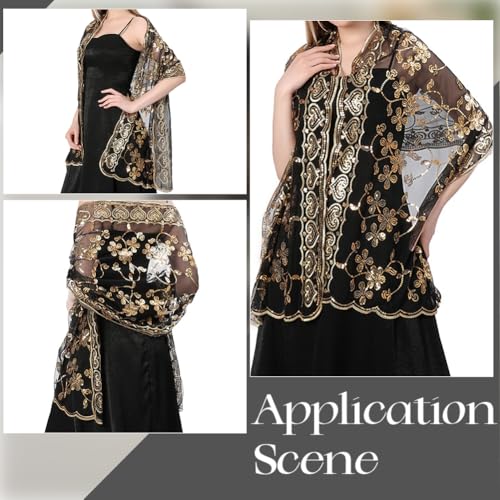 Black Floral Lace Embroidered Shawl Wraps Gold Sparkly Beaded Sequin Scarf Cape Flower Leaf Vine Pattern Vintage 1920S Long Sheer Pashmina Shawls for Women Evening Dress Wedding Bridal Party4