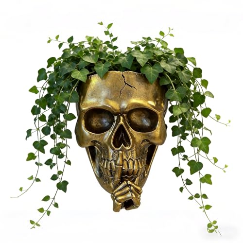 COMODID Unique Skull Wall Planter, Gothic Flower Pot for Indoor Outdoor Plants, Hanging Face Head Planters with Drainage Hole, Spooky Skeleton Decor for Home, Skull Planter Gift for Halloween(Gold)