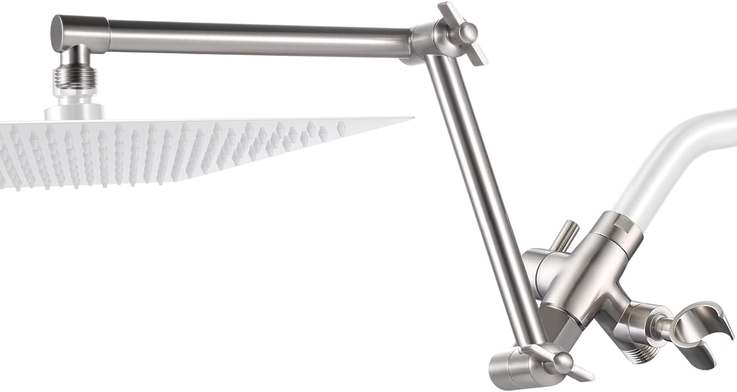 G-Promise All Metal Shower Diverter Valve with 13 Inch Shower Extension Arm, Adjustable Extender with Lock Joint, 3-Way Shower Arm Mount for HandHeld and Rain Showerhead, Replacement Attachment