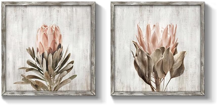 Floral Canvas Picture Wall Art: Protea Flower Artwork Painting on Canvas for Living Room (12" x 12" x 2 PCS, Multiple Sizes/Material)