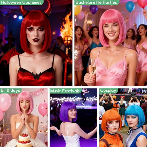 Image of 2 Pack Green Short Bob Wig with Bangs for Women, Girls Neon Bobs Colorful Party Wigs with Heart Sunglasses for St. Patrick's Day Green Themed Party Nightclubs Bachelorette Party Fancy Dress
