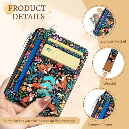 Image of Kelvoris Cute Fox Slim Wallet Women Credit Card Holder, Flower Small RFID | Keychain, Zipper Coin Pocket, Front Pocket Thin Travel Card Case, Minimalist, 6 Card Slots, 1 ID Window, Ladies Gifts Woman