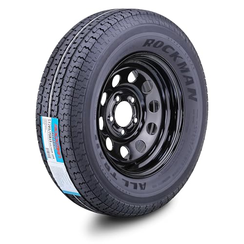 ROCKMAN Trailer Tire Wheel Assembly ST205/75R15 10-Ply E 111M Heavy Duty 2400lbs w/5 Lug on 5 PCD Black Mod Rim