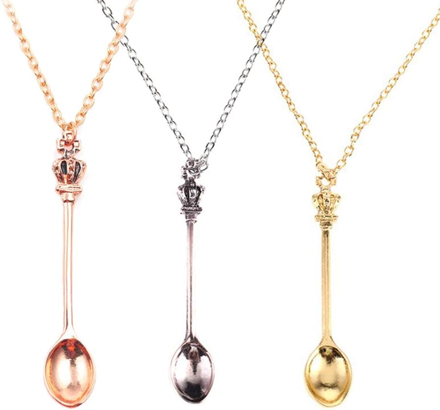 GUUTUUGSnuff Spoon Necklace Antique Burnished Vintage Mini Tea Spoon King Queen Crown Pendant Necklace for Women
