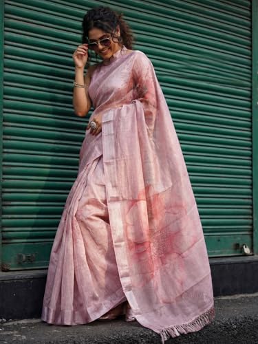 Image of AKHILAM Women's Floral Printed Handloom Cotton Silk Saree with Zari Border and Tassel Pallu Unstitched Blouse Piece | Traditional Ethnic Wear Sarees | Women saree silk | Festive Sari Women's