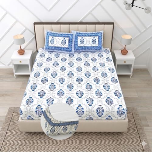 Image of RajasthaniKart Pure Cotton 240 TC Printed Double /King Bed Elastic Fitted Bedsheet with 2 Pillow Covers - All Around Elastic | 72 inchx78 inch, Fits Up to 8 inch Mattress | Blue Booty