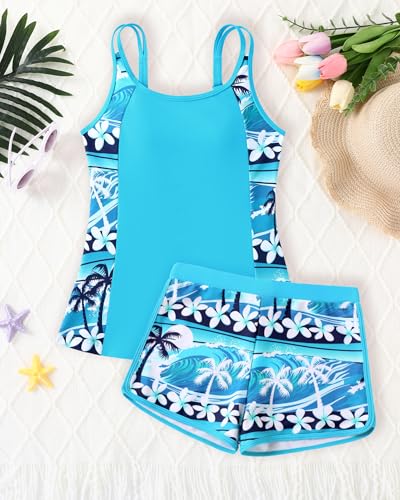 Image of Teen Girls Tankini Swimsuit Adjustable Straps Modest Bathing Suits Girl 2 Piece Swimwear with Shorts 7-16 Years