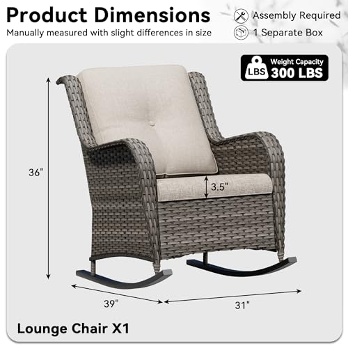 Image of Outdoor Rocking Chair, Wicker Patio Chair with Thickened Olefin Cushions, High Back and Deep Seating, Hand-Woven PE Rattan for Porch, Deck, Balcony, Beige