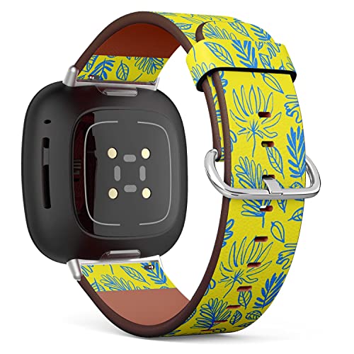 CJBROES Replacement Leather Watch Band, Compatible with Fitbit Versa 3 and Fitbit Sense of Wristband Bracelet Accessory - Floral Tropical Ink Leaves