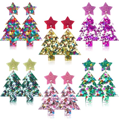 6 Pairs Funny Christmas Earrings for Women Christmas Tree Earrings Colorful Xmas Jewelry Acrylic Glittery Holiday Drop Dangle Ear Rings for Women Jewelry Gifts