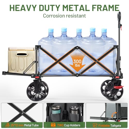 Image of Timber Ridge 47 inch L Collapsible Folding Wagon with Tailgate, 300 lbs Heavy Duty Beach Wagon with All-Terrain Big Wheels, 250L Foldable Utility Cart for Sand Camping Sports Shopping, Grey